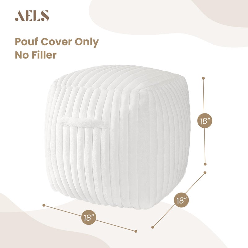 AELS Unstuffed Modern Pouf Cover for Living Room, Mid Century Modern Storage Bean Bag Cubes, Creamy White Faux Fur Plush Sripe Square Ottoman Pouf Foot Rest Footstool, 18"x18"x18", Cover ONLY - Image 2