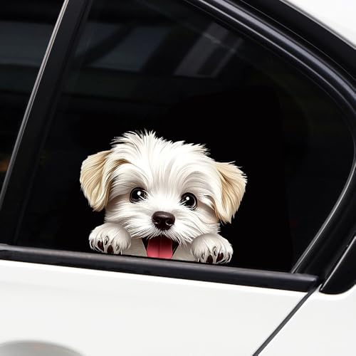 Iprokiu Cute Animal Dog Car Sticker Waterproof PVC DoubleSided Printed Puppy Car Decal Funny Dog Peeking Decal for Car Window Bumper Truck Wall Laptop Car Decor White Dog - Image 1