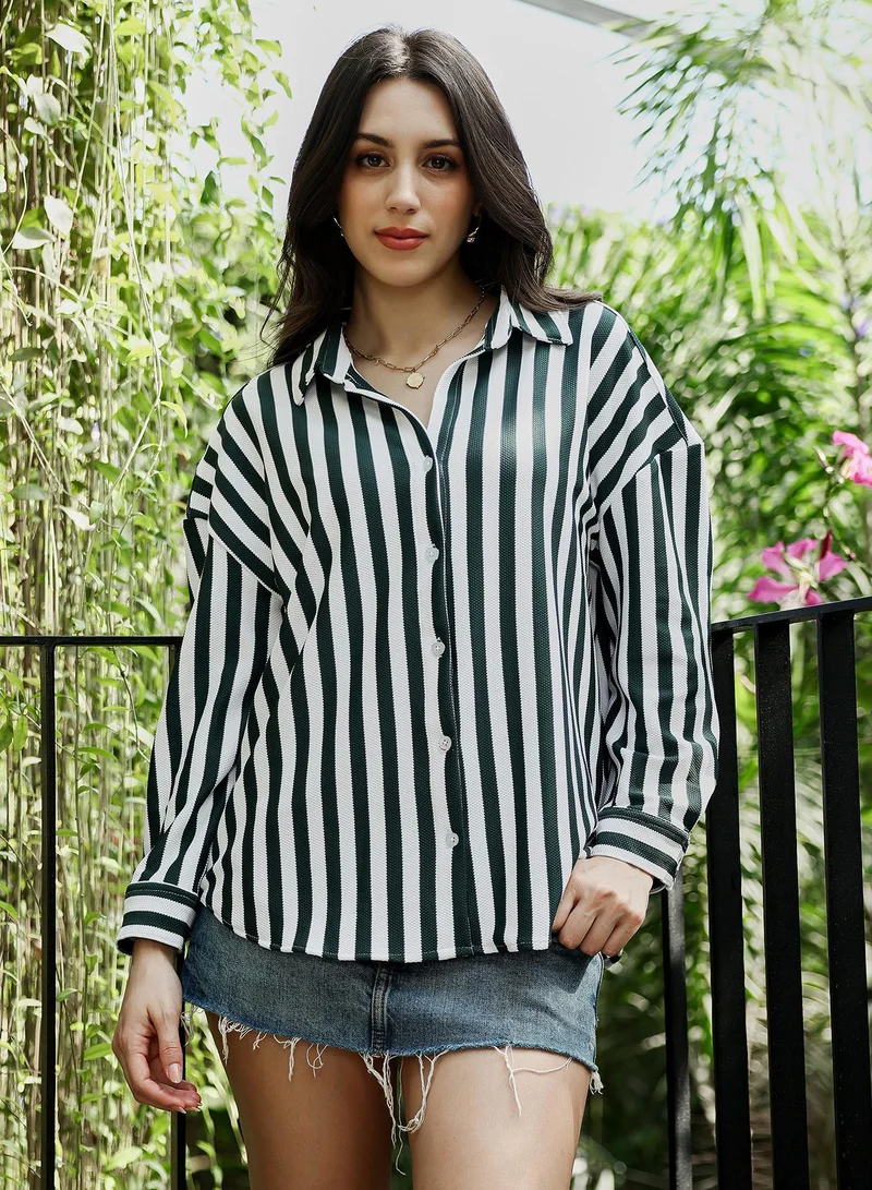 PINACOLADA Women's Candy-Striped Tactile Oversized Shirt | Spread Collar , Long Button-Cuff Sleeves, Button Closure | Striped Textured Woven Shirt For Casual & Daily Wear | Emerald Green