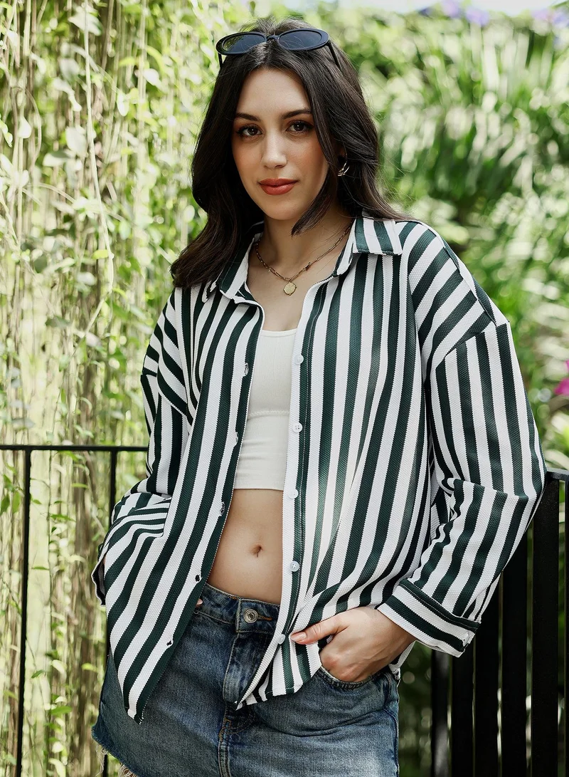 PINACOLADA Women's Candy-Striped Tactile Oversized Shirt | Spread Collar , Long Button-Cuff Sleeves, Button Closure | Striped Textured Woven Shirt For Casual & Daily Wear | Emerald Green