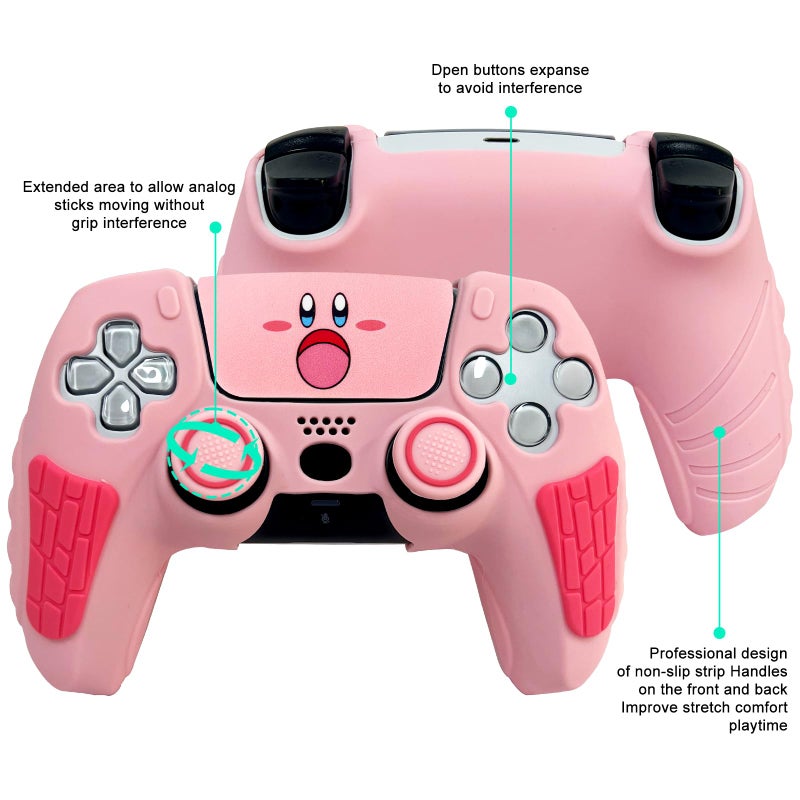 HLRAO Pink Anti Slip PS5 Controller Skin Set,Soft Protective Controller Cover Case for PlayStation 5/Slim/Pro Control with Touch Pad Stickers and 2 Thumb Grip Caps - Image 3