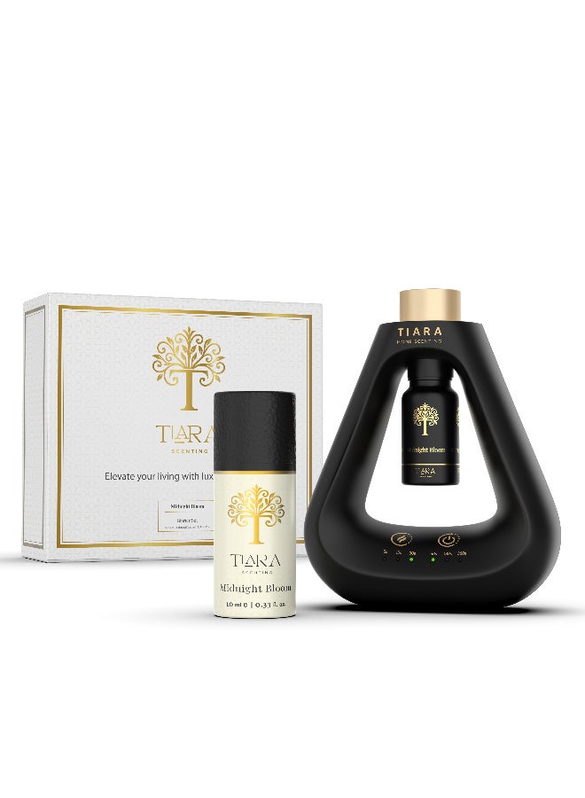 Tiara Scenting مجموعة بداية تيارا بلوم منتصف الليل، معطر أسود غير لامع مع كبسولة عطر بلوم منتصف الليل، معطر بدون سلك، بدون ماء، بدون حرارة، قابل لضبط الشدة، صديق للأطفال والحيوانات الأليفة، عطر منزلي فاخر - Image 1