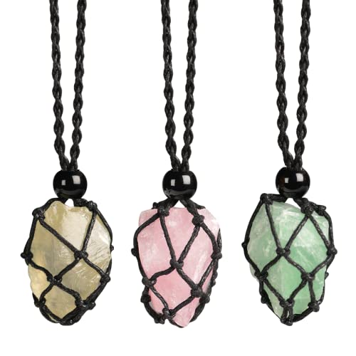 Anjiucc Natural Raw Gemstone Crystal Pendant Necklace Stone Holder Necklace Cord Hand-Woven Necklace with Adjustable Length for Women Men（3 PCS Rose Quartz+ Citrine+ Green Fluorite） - Image 1