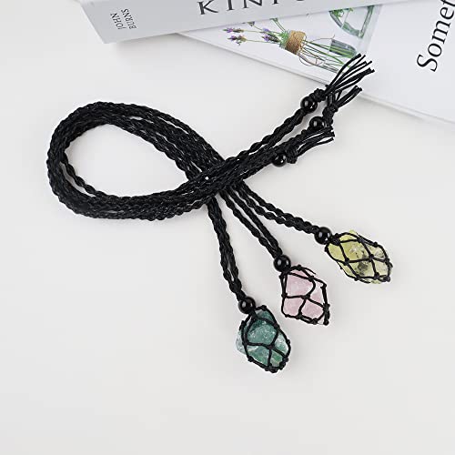 Anjiucc Natural Raw Gemstone Crystal Pendant Necklace Stone Holder Necklace Cord Hand-Woven Necklace with Adjustable Length for Women Men（3 PCS Rose Quartz+ Citrine+ Green Fluorite） - Image 3