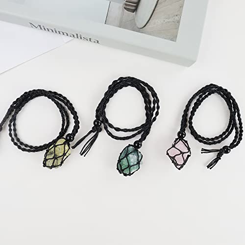 Anjiucc Natural Raw Gemstone Crystal Pendant Necklace Stone Holder Necklace Cord Hand-Woven Necklace with Adjustable Length for Women Men（3 PCS Rose Quartz+ Citrine+ Green Fluorite） - Image 5