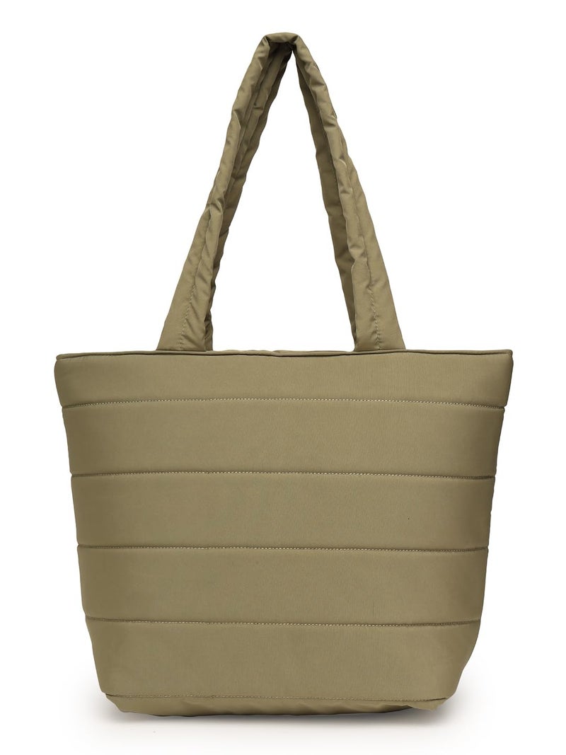 Anekaant Uno Olive Green Polyester Striped Quilted Handheld Bag - Image 5