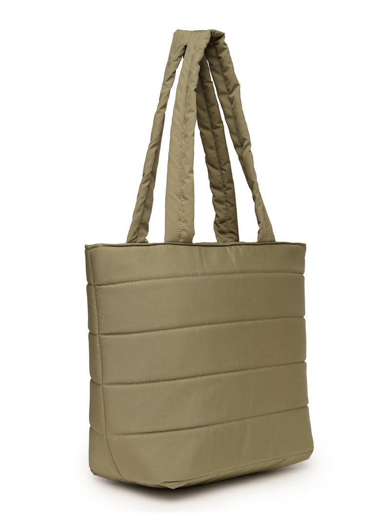 Anekaant Uno Olive Green Polyester Striped Quilted Handheld Bag - Image 4