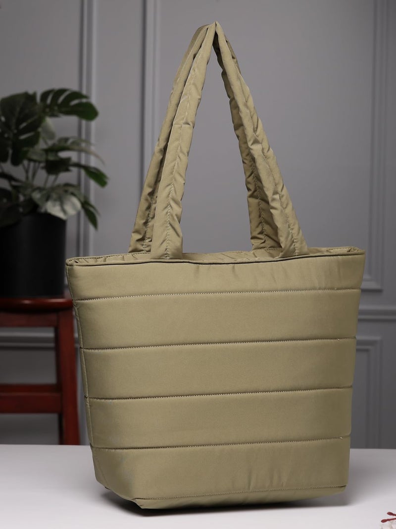 Anekaant Uno Olive Green Polyester Striped Quilted Handheld Bag - Image 3