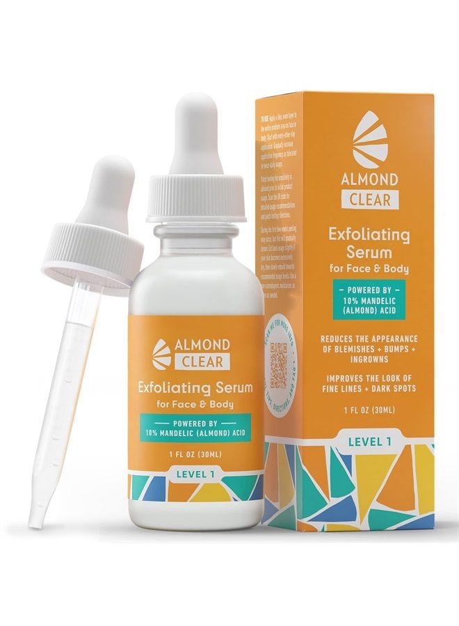 Almond Clear سيروم تنظيف الوجه والجسم، المستوى 1 - لعلاج حب الشباب، التهاب الجريبات الشعرية، شيخوخة البشرة، الشعر الناشئ، البقع الداكنة - الوجه، الصدر، المؤخرة، الظهر، الفخذين، الذراعين - حمض الماندليك - 1 أونصة سائلة - Image 1