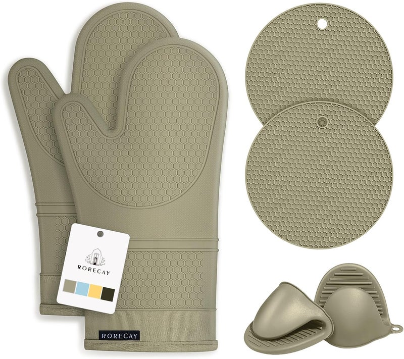 Rorecay 6pcs Oven Mitts and Pot Holders Sets Heat Resistant 500 Degrees, Extra Long Silicone Oven Gloves Non-Slip Potholders Hot Pads for Kitchen Baking Cooking, Quilted Liner, Martini Olive - Image 1