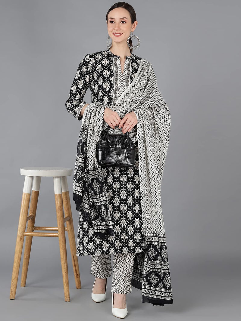 Vaamsi Women's Abstract Printed Kurta Trousers With Dupatta (VKSKD1673_XS_Black) - Image 5