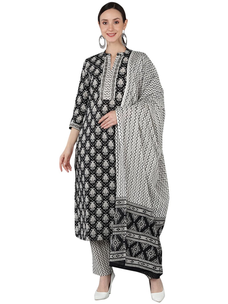 Vaamsi Women's Abstract Printed Kurta Trousers With Dupatta (VKSKD1673_XS_Black) - Image 1