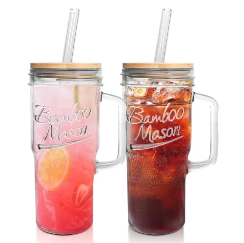ANOTION Glass Cups with Lids and Straws 24oz Tumbler with Handle Coffee Cups Glass Straws Glasses Mason Jar Cups Drinking Set Kitchen Essentials Coffee Bar Accessories House Warming Gifts New Home