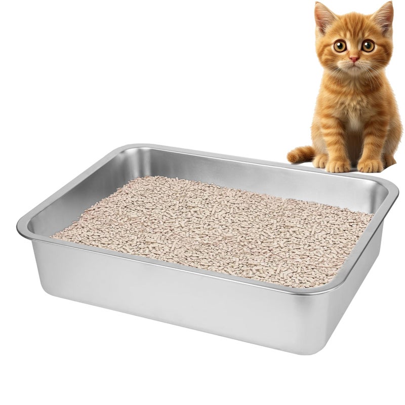 BierBear Stainless Steel Cat Litter Box for Big Cats,Small Stainless Steel Litter Box,Large Metal Cat Litter Box-Easy to Clean.(17.5" L x 13.6" W x 4.1" H). - Image 1