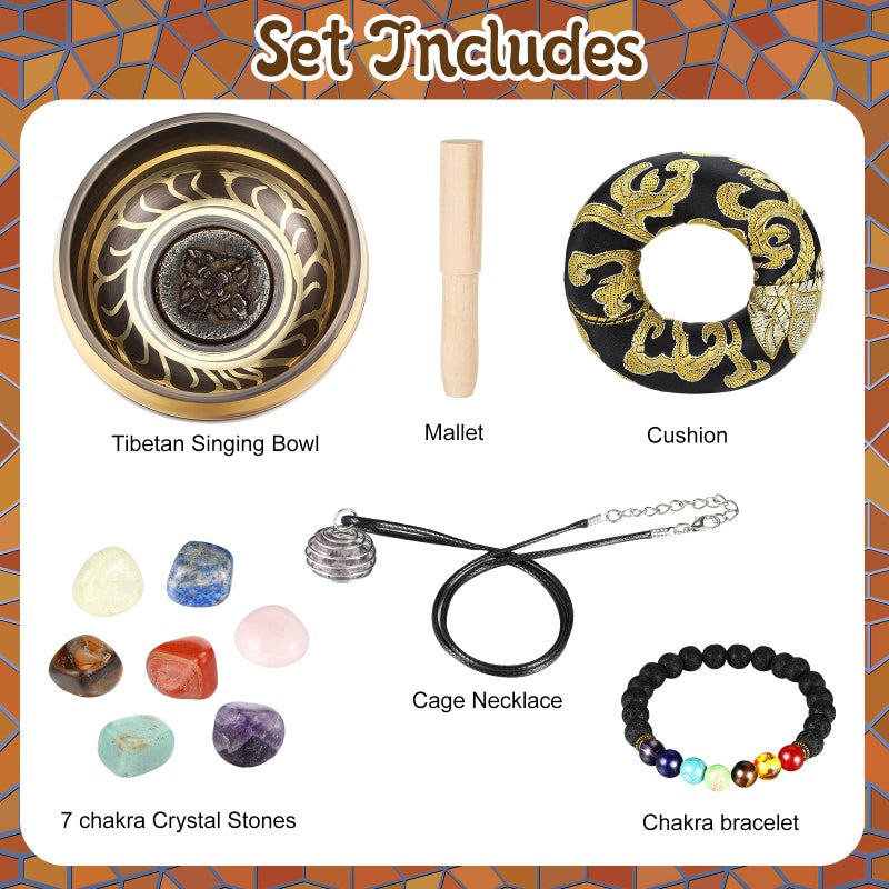 BBTO Tibetan Singing Bowls Set for Healing 3.4'' Meditation Sound Bath Bowl 7 pcs Chakra Crystal Stones Mallet Cushion Chakra Bracelet Pendant(Black) - Image 3