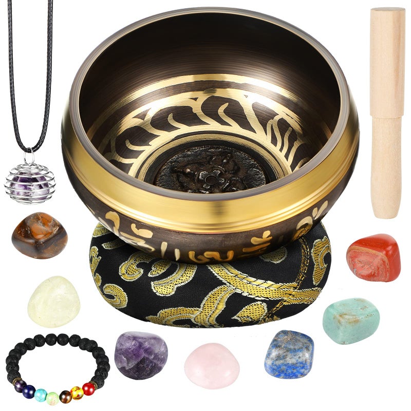 BBTO Tibetan Singing Bowls Set for Healing 3.4'' Meditation Sound Bath Bowl 7 pcs Chakra Crystal Stones Mallet Cushion Chakra Bracelet Pendant(Black) - Image 1