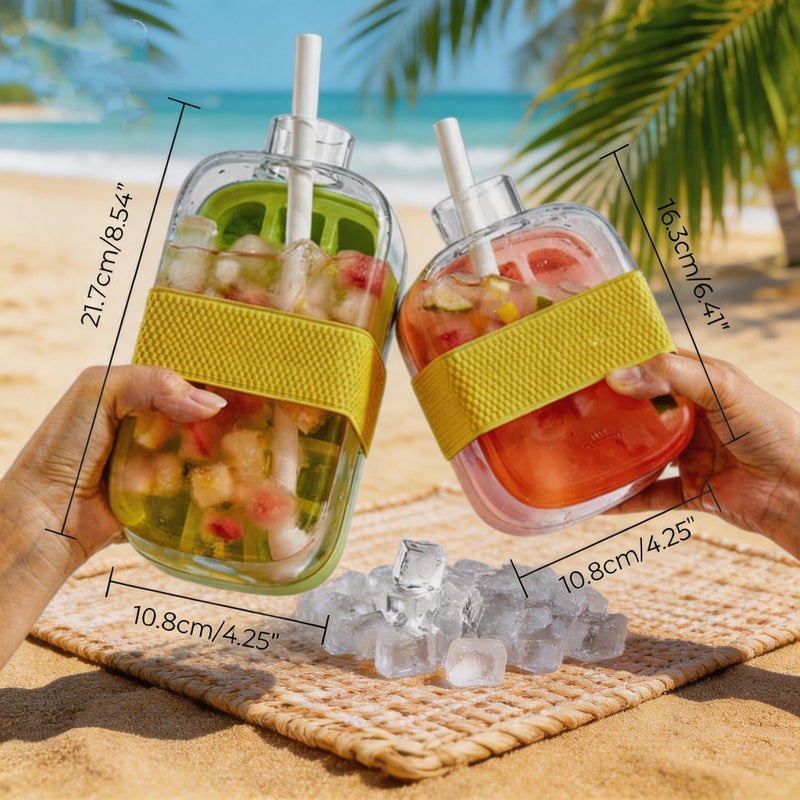 2-in-1 Ice Cube Tray Water Bottle with Straw, Easy Press Vertical Ice Maker, Leak Proof Lid, for Travel, Gym and Home Use (White, 500) - Image 1