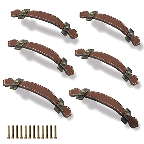 Seimneire 6pcs Surface Leather Furniture Handle, 6.3" Retro Style Leather Pull Handle for Drawer/Cabinet/PU Suitcase - Brown - Image 1