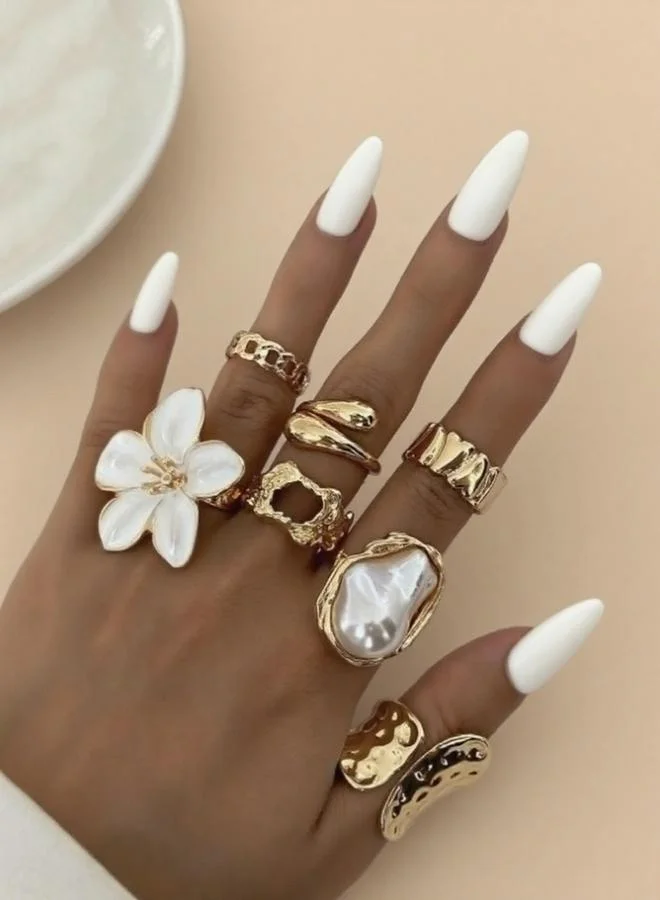 تايك تو طقم خواتم بتصميم زهور ثلاثية الأبعاد، 7 قطع