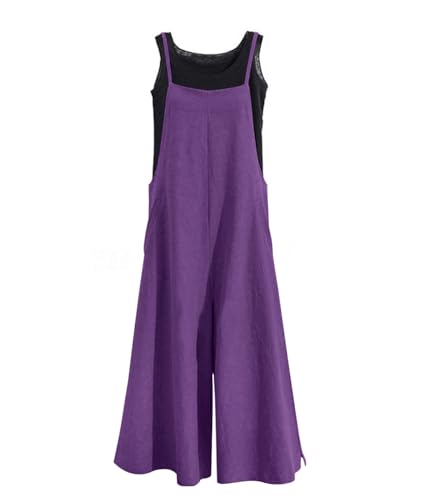 YESNO Women Casual Loose Long Bib Pants Wide Leg Jumpsuits Baggy Cotton Rompers Overalls with Pockets (M PZZTYP2 Purple) - Image 1