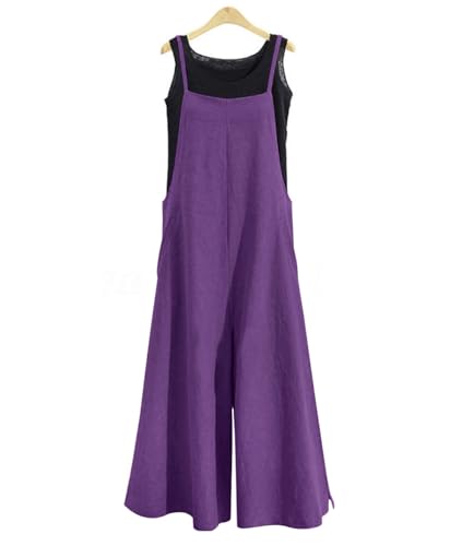 YESNO Women Casual Loose Long Bib Pants Wide Leg Jumpsuits Baggy Cotton Rompers Overalls with Pockets (M PZZTYP2 Purple) - Image 2