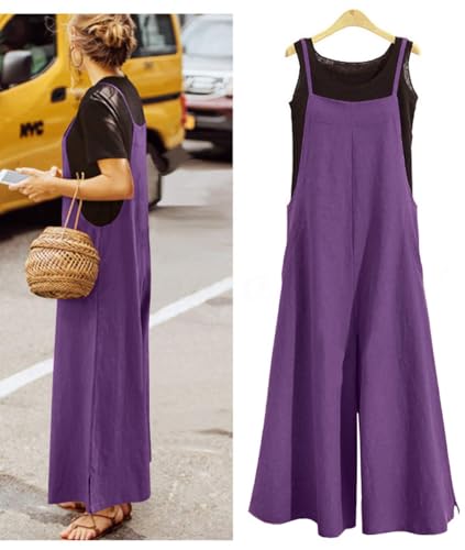 YESNO Women Casual Loose Long Bib Pants Wide Leg Jumpsuits Baggy Cotton Rompers Overalls with Pockets (M PZZTYP2 Purple) - Image 3