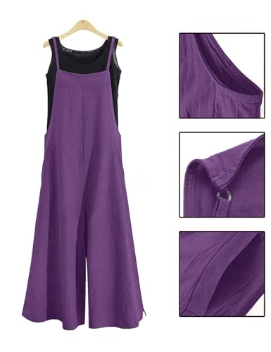 YESNO Women Casual Loose Long Bib Pants Wide Leg Jumpsuits Baggy Cotton Rompers Overalls with Pockets (M PZZTYP2 Purple) - Image 4