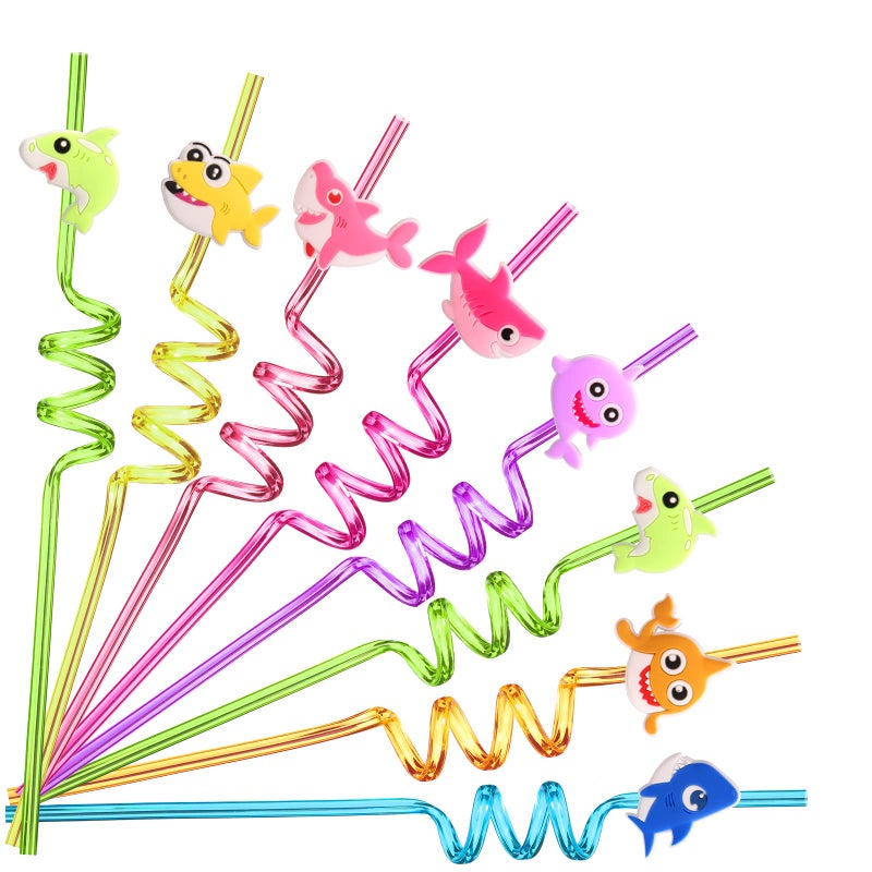 Lidmada 24 Shark Party Favors Reusable Plastic Straws for Boys Girls Kids Baby Swimming Ocean Shark Themed Birthday Party Supplies Decorations with 2 Cleaning Brushes - Image 2
