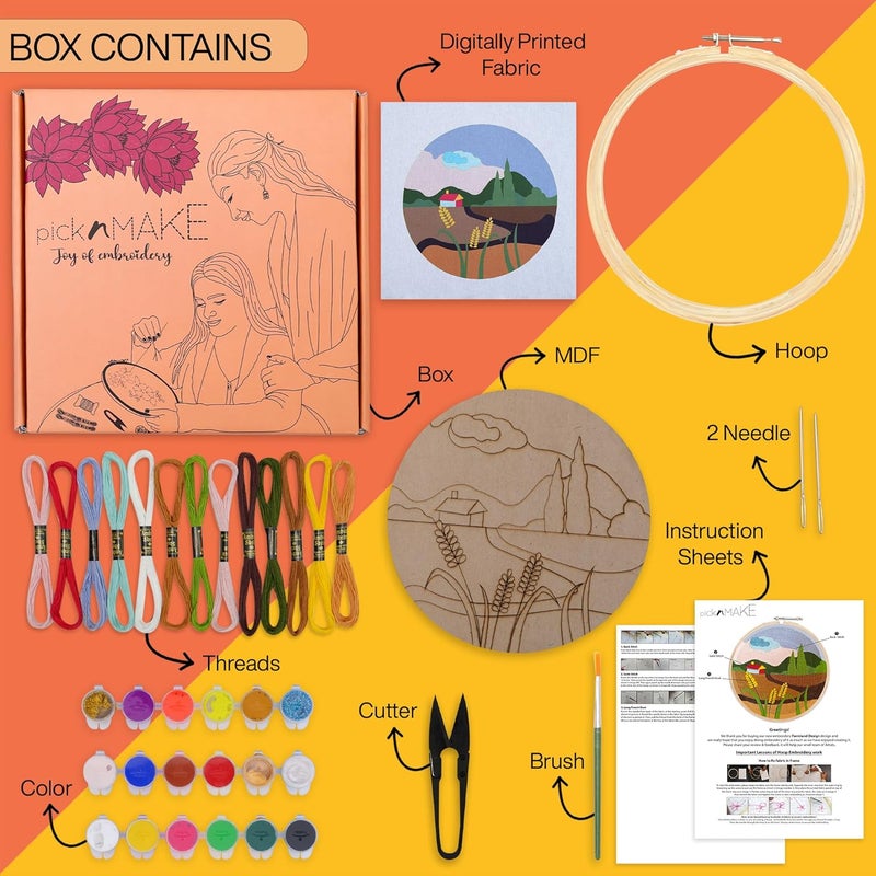 picknMAKE DIY Landscape Beginners Embroidery & MDF Painting Combo Kit | Art & Craft Kit for Adults & Kids | Includes Threads, Frame, Fabric, Needle, Colors, MDF Board & More | Ideal Gift & Hobby Kit - Image 2