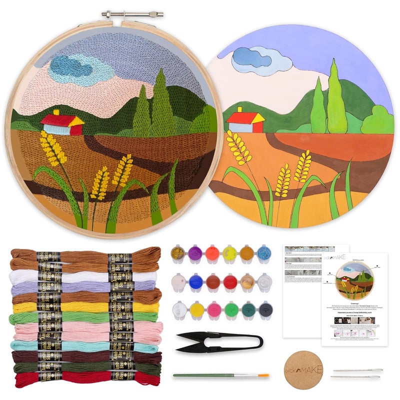 picknMAKE DIY Landscape Beginners Embroidery & MDF Painting Combo Kit | Art & Craft Kit for Adults & Kids | Includes Threads, Frame, Fabric, Needle, Colors, MDF Board & More | Ideal Gift & Hobby Kit - Image 1