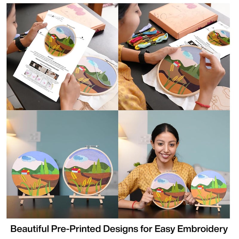 picknMAKE DIY Landscape Beginners Embroidery & MDF Painting Combo Kit | Art & Craft Kit for Adults & Kids | Includes Threads, Frame, Fabric, Needle, Colors, MDF Board & More | Ideal Gift & Hobby Kit - Image 3