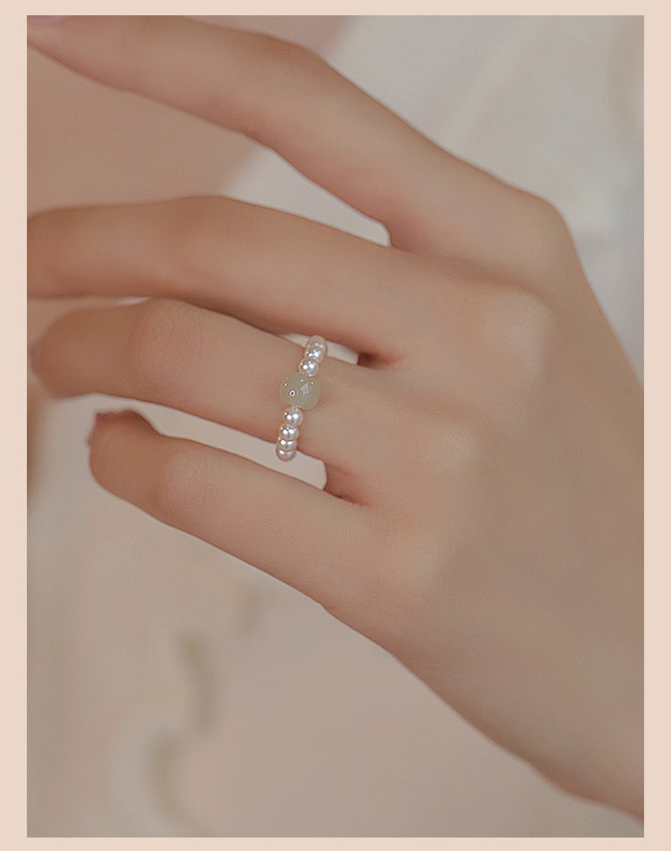 Elegant Jade Bead Ring for Women Light color Hetian jade 6-7mm/bead 3mm