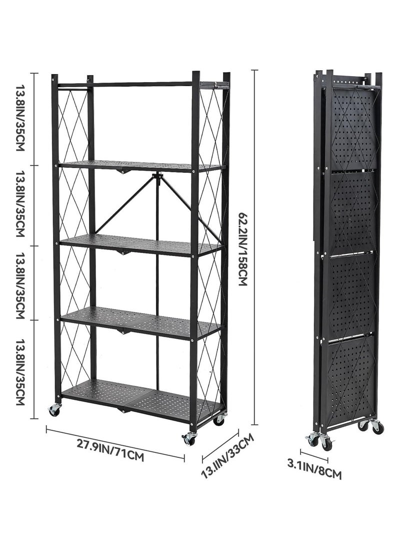 Gogoya - 5 Tier Thickened Foldable Storage Rack with Wheels,No Assembly,Large Capacity Shelves,Heavy-Duty Metal Shelving Unit Rolling Cart for Garage, Kitchen, Basement, Pantry(Black, 5-Tier) - Image 1