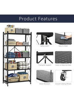 Gogoya 5 Tier Thickened Foldable Storage Rack with Wheels,No Assembly,Large Capacity Shelves,Heavy-Duty Metal Shelving Unit Rolling Cart for Garage, Kitchen, Basement, Pantry(Black, 5-Tier)  - Image 5