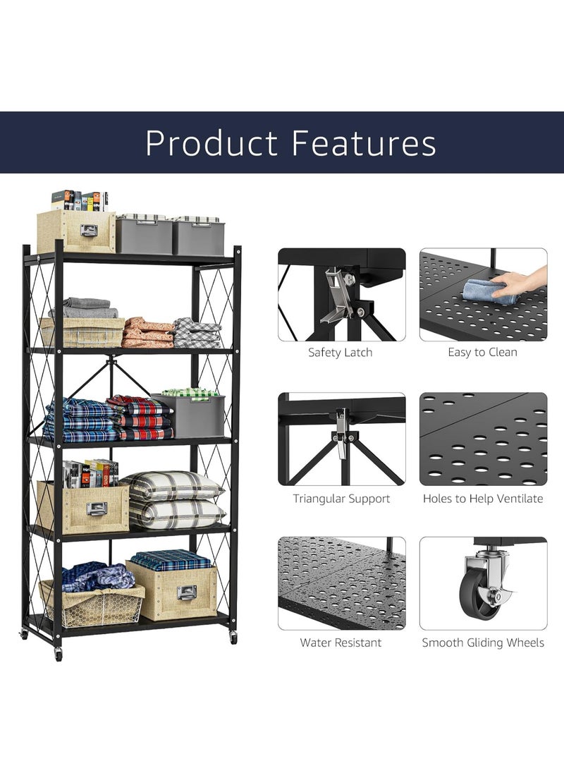 Gogoya - 5 Tier Thickened Foldable Storage Rack with Wheels,No Assembly,Large Capacity Shelves,Heavy-Duty Metal Shelving Unit Rolling Cart for Garage, Kitchen, Basement, Pantry(Black, 5-Tier) - Image 1
