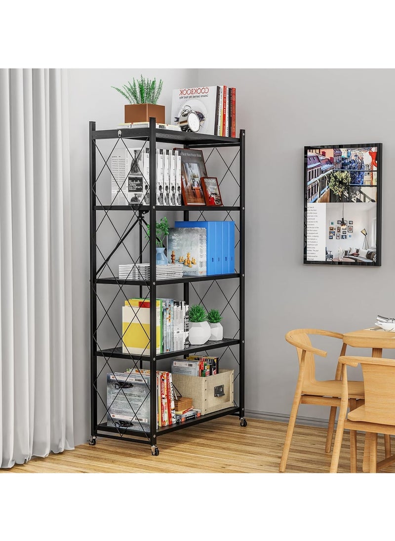 Gogoya - 5 Tier Thickened Foldable Storage Rack with Wheels,No Assembly,Large Capacity Shelves,Heavy-Duty Metal Shelving Unit Rolling Cart for Garage, Kitchen, Basement, Pantry(Black, 5-Tier) - Image 1