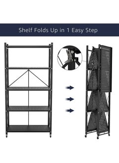 Gogoya 5 Tier Thickened Foldable Storage Rack with Wheels,No Assembly,Large Capacity Shelves,Heavy-Duty Metal Shelving Unit Rolling Cart for Garage, Kitchen, Basement, Pantry(Black, 5-Tier)  - Image 3