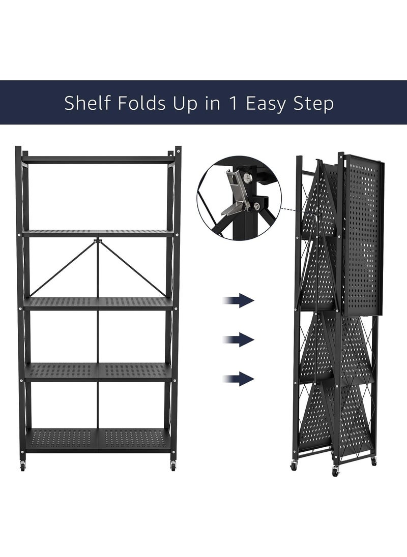 Gogoya - 5 Tier Thickened Foldable Storage Rack with Wheels,No Assembly,Large Capacity Shelves,Heavy-Duty Metal Shelving Unit Rolling Cart for Garage, Kitchen, Basement, Pantry(Black, 5-Tier) - Image 1
