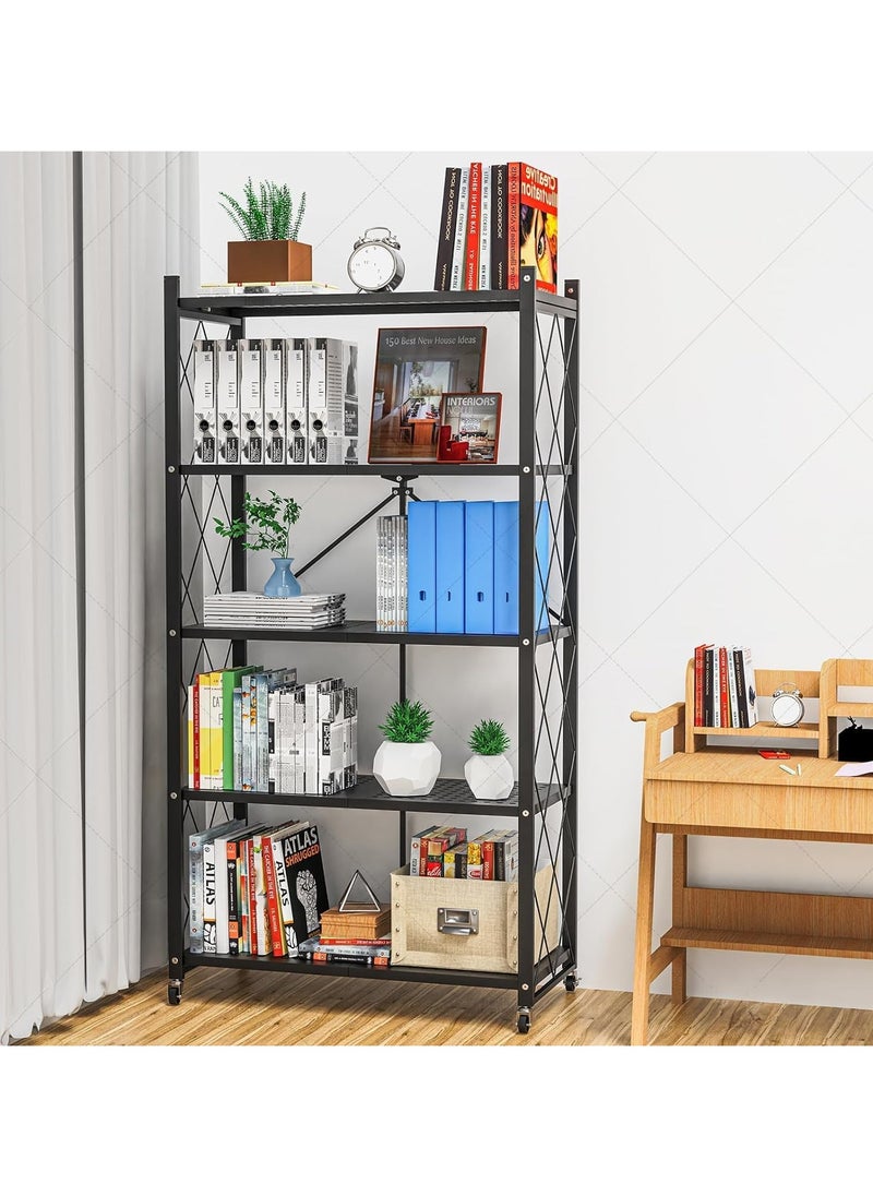 Gogoya - 5 Tier Thickened Foldable Storage Rack with Wheels,No Assembly,Large Capacity Shelves,Heavy-Duty Metal Shelving Unit Rolling Cart for Garage, Kitchen, Basement, Pantry(Black, 5-Tier) - Image 1