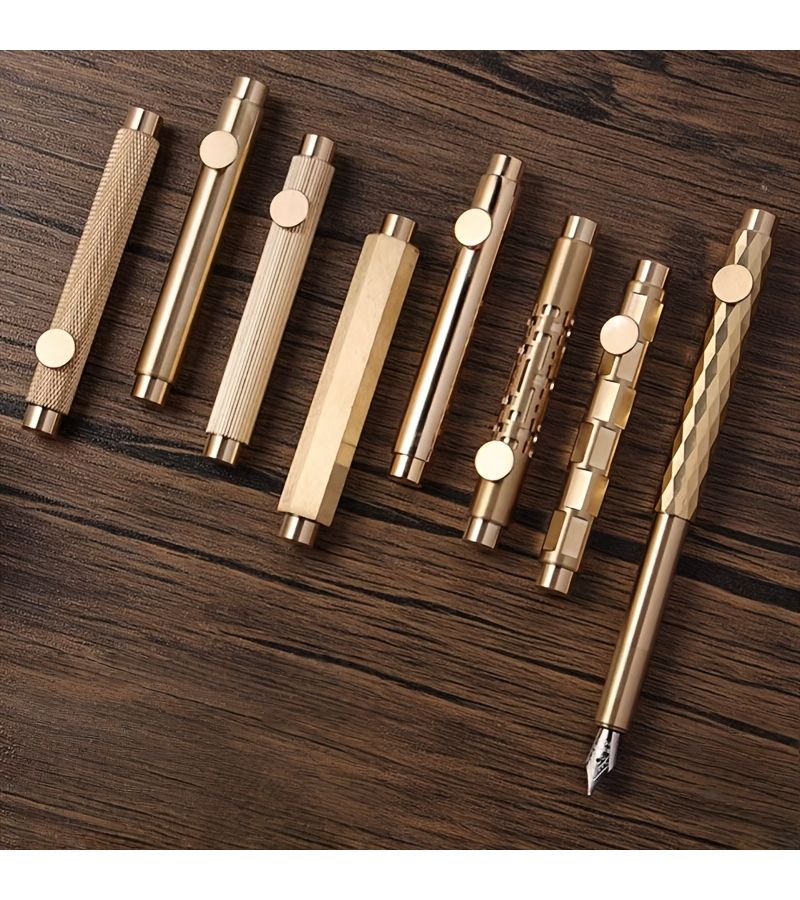 Hollow Section Brass Pen With 10 Black Ink Cartridges Fine Twist Cap Writing Instrument - Image 3