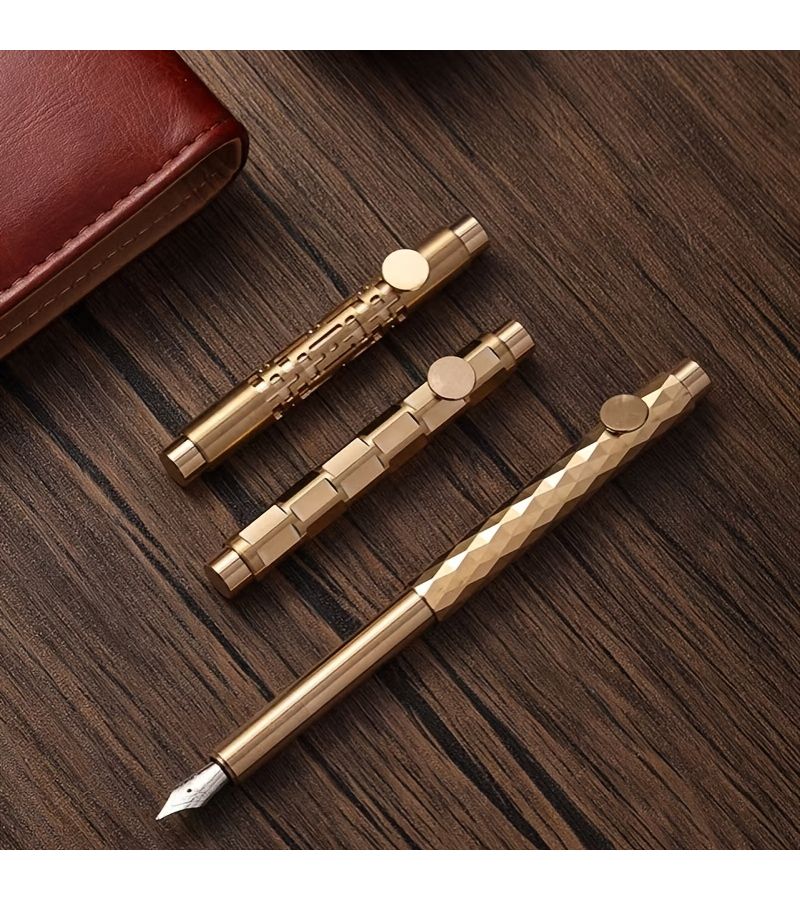 Hollow Section Brass Pen With 10 Black Ink Cartridges Fine Twist Cap Writing Instrument - Image 4