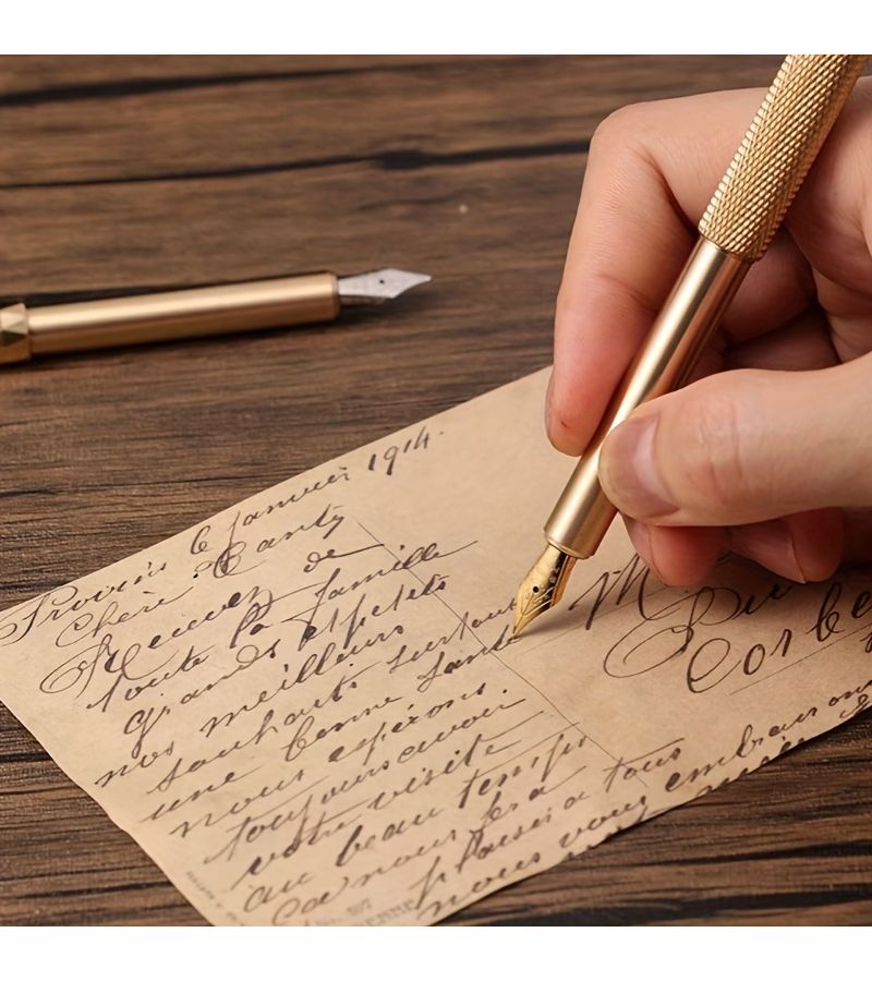 Hollow Section Brass Pen With 10 Black Ink Cartridges Fine Twist Cap Writing Instrument - Image 5