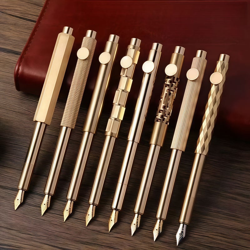 Hollow Section Brass Pen With 10 Black Ink Cartridges Fine Twist Cap Writing Instrument - Image 1