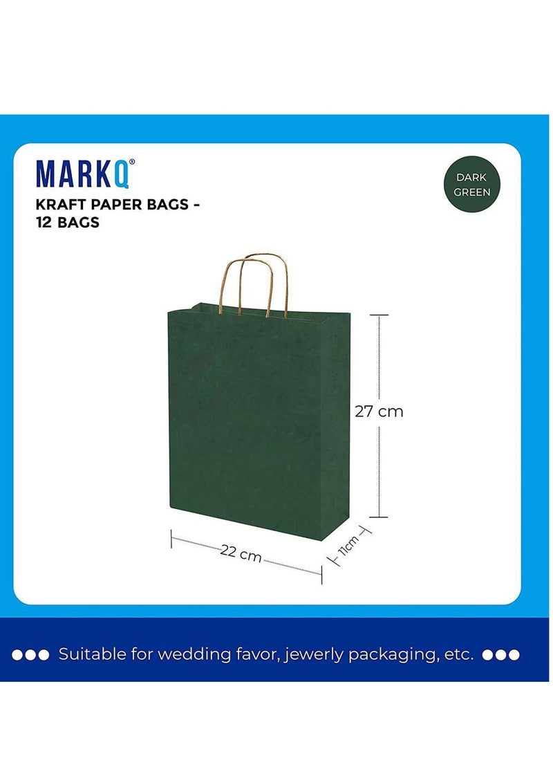 MARKQ Dark Green Paper bags with handles 27 x 22 x 11 cm Large Kraft Gift bags for Birthday Party Favors Weddings Retail Baby Shower 12 Bags  - Image 3