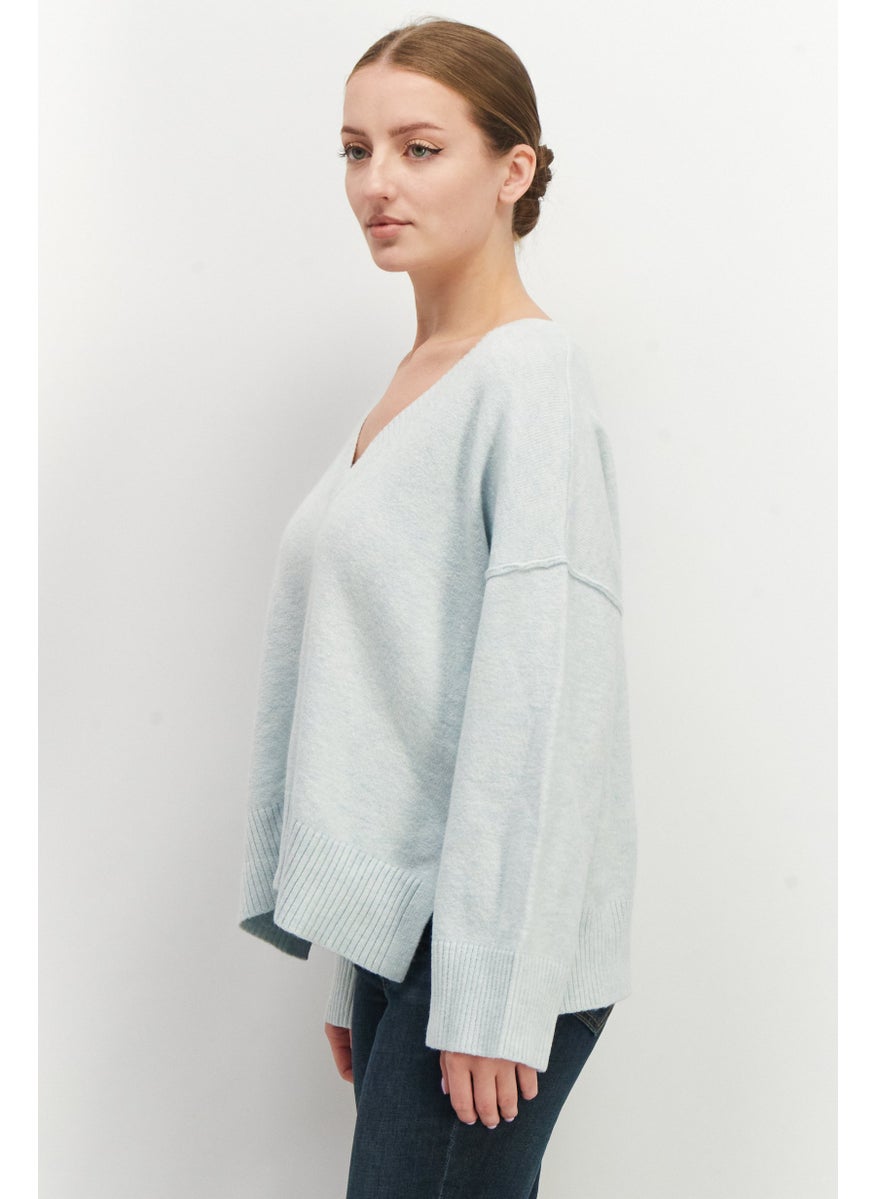 EDC Women V-Neck Knitted Sweater, Light Blue  - Image 4