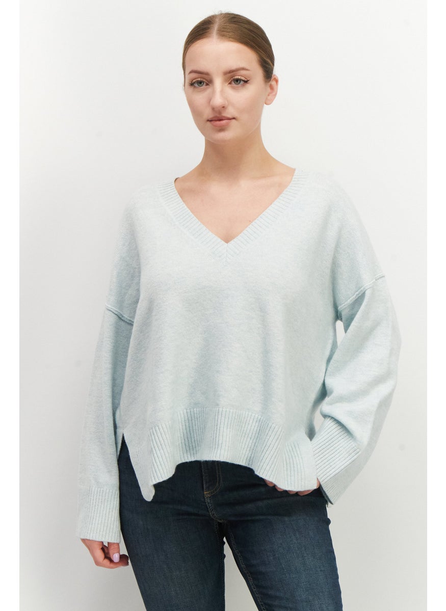 EDC Women V-Neck Knitted Sweater, Light Blue  - Image 1