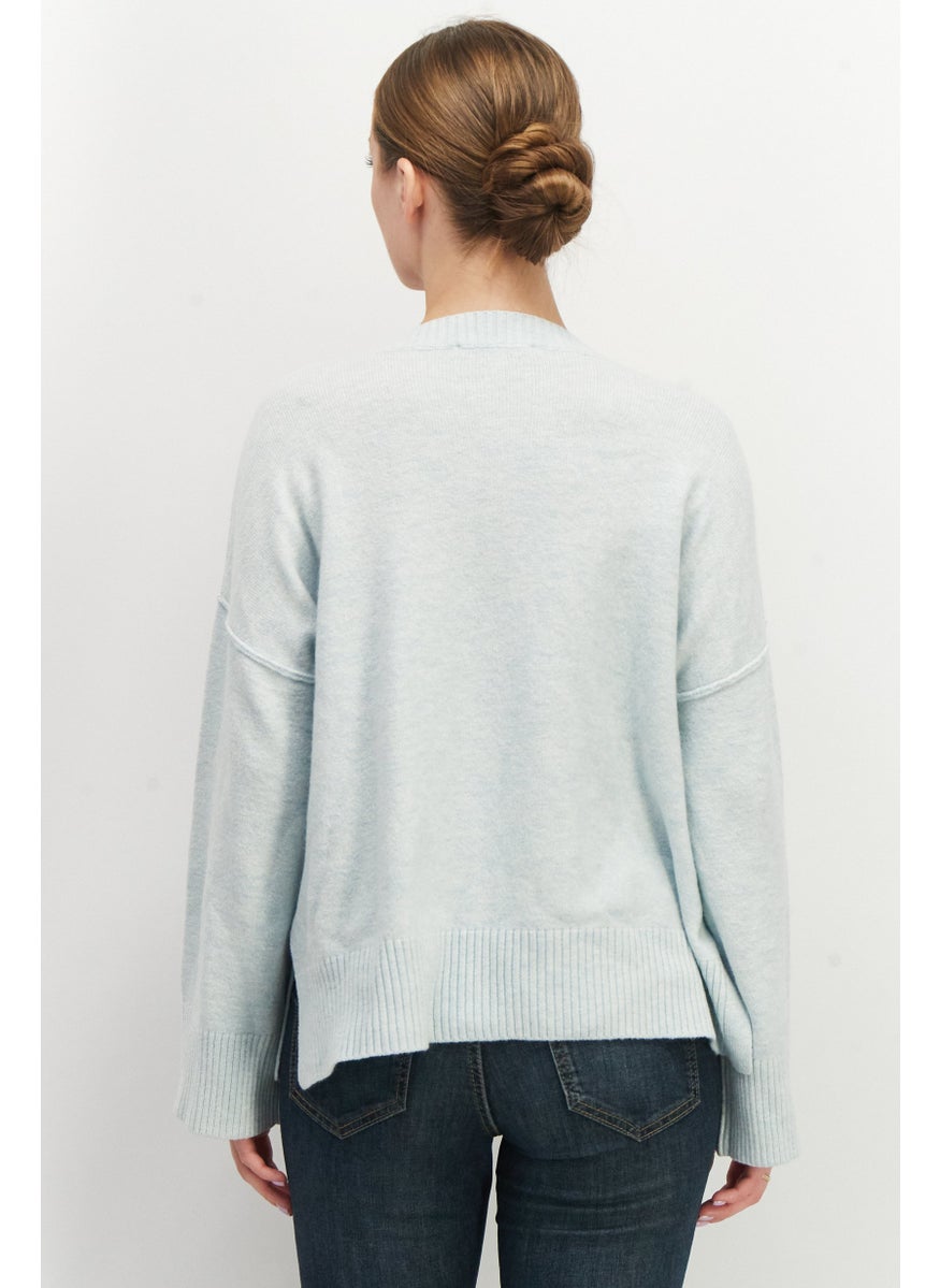 EDC Women V-Neck Knitted Sweater, Light Blue  - Image 2
