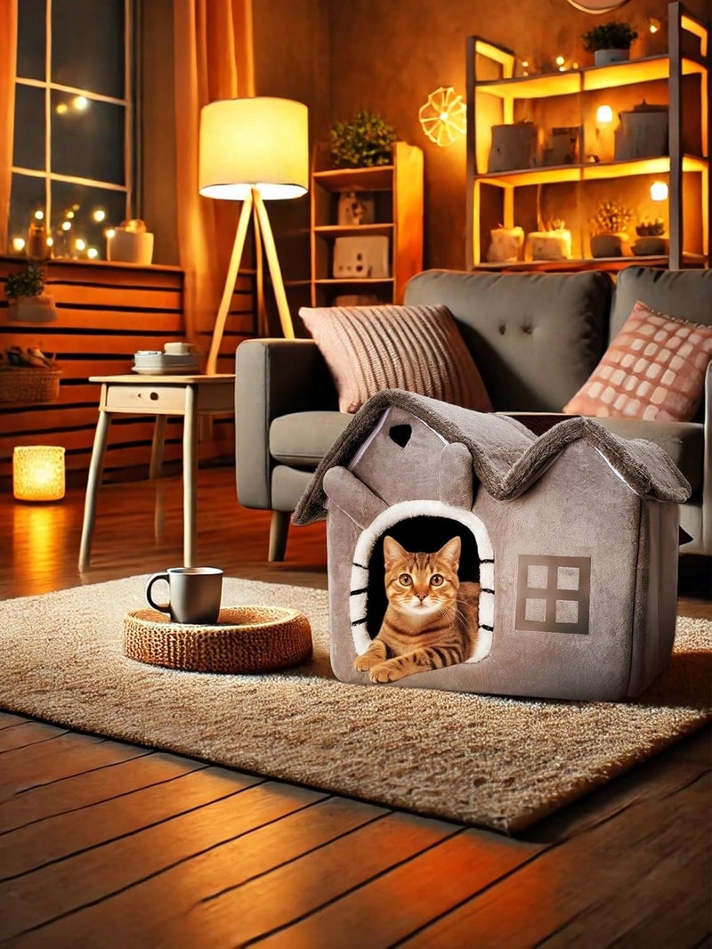 FunMay Luxury Foldable Pet House for Cats, Small Dogs & Small Animals – Double Roof Bunny-Shaped Indoor Kennel, 30D Memory Foam, Removable & Washable Cushion, Anti-Slip Base S/M/L/XL Available (Grey, L) - Image 2
