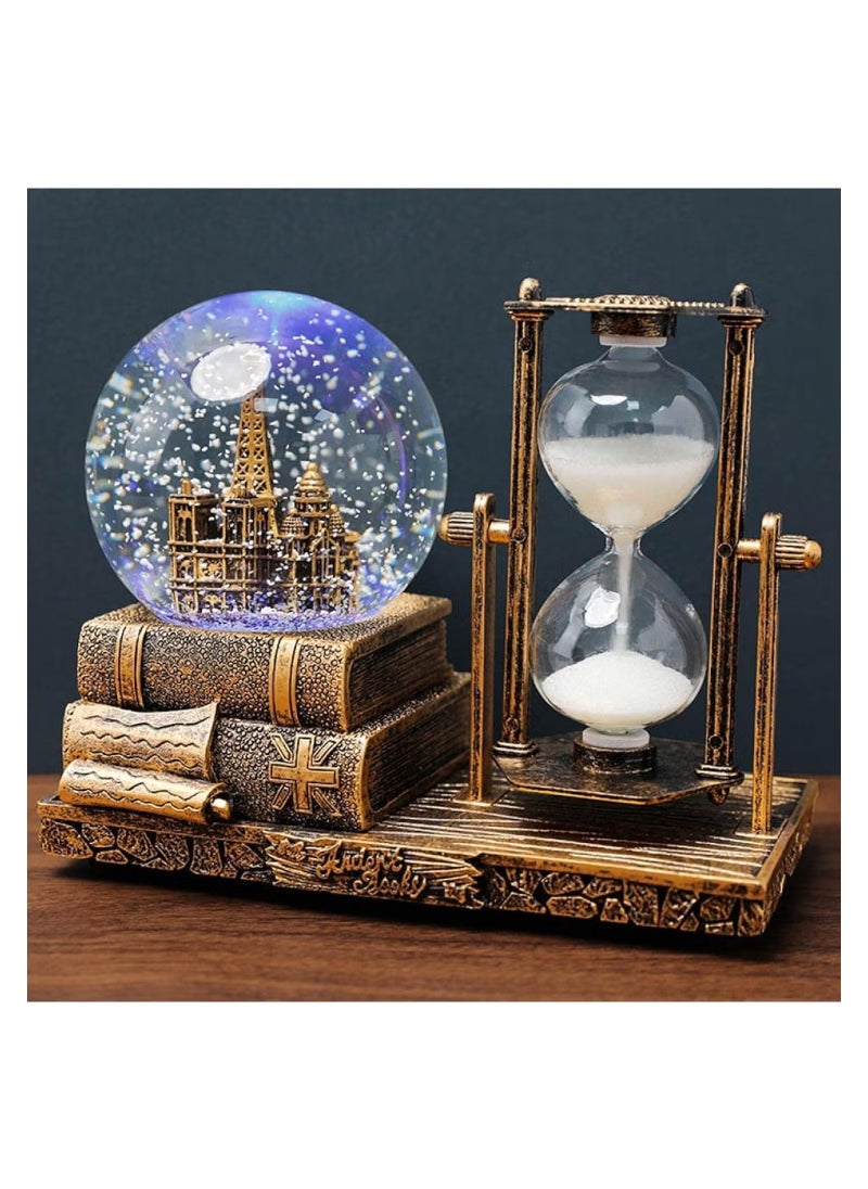 Beauenty LED Music Crystal Snow Globe With Hourglass Timer Retro Castle Musical Globe Color Changing Lights Home Decoration Statue Home Decor Brass  - Image 1