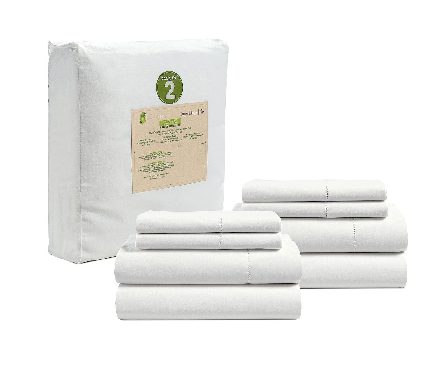 LANE LINEN 100% Organic Cotton Pure White Full Sheets Set, 4-Piece Pure Organic Cotton Long Staple Percale Weave Ultra Soft Best Bedding Sheets for Bed, Breathable, 15" Deep Pocket - White (2 Pack)